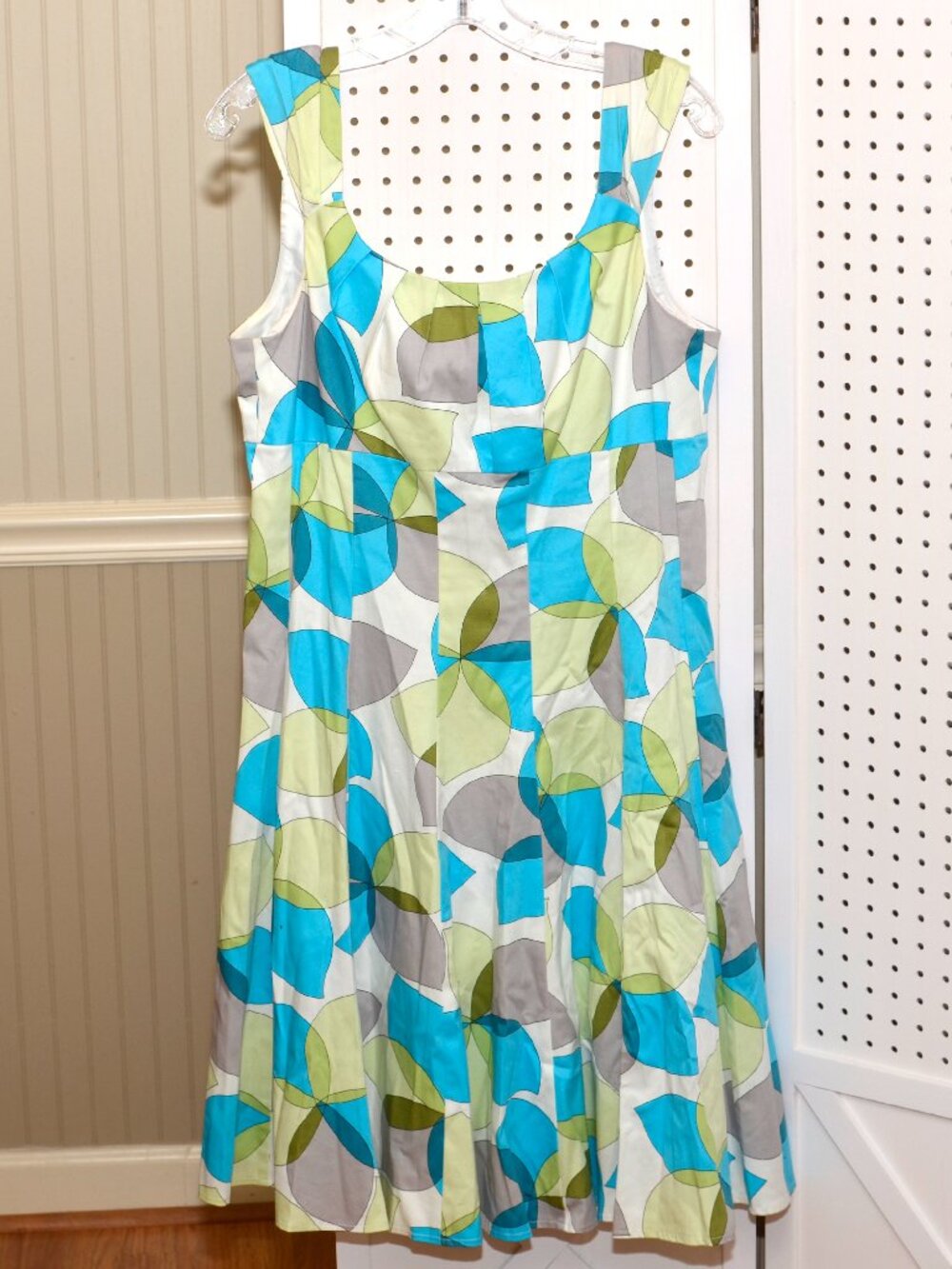 New Directions 14 Blue & Green Abstract Geometric Circle A-Line Midi Dress